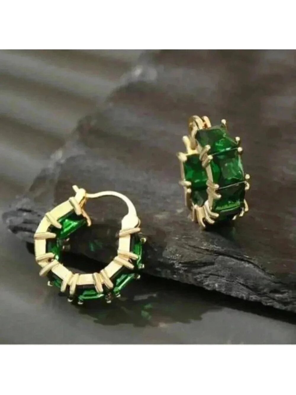 Gold Tone Emerald Green Baguette Zircon Huggie Hoop Earrings